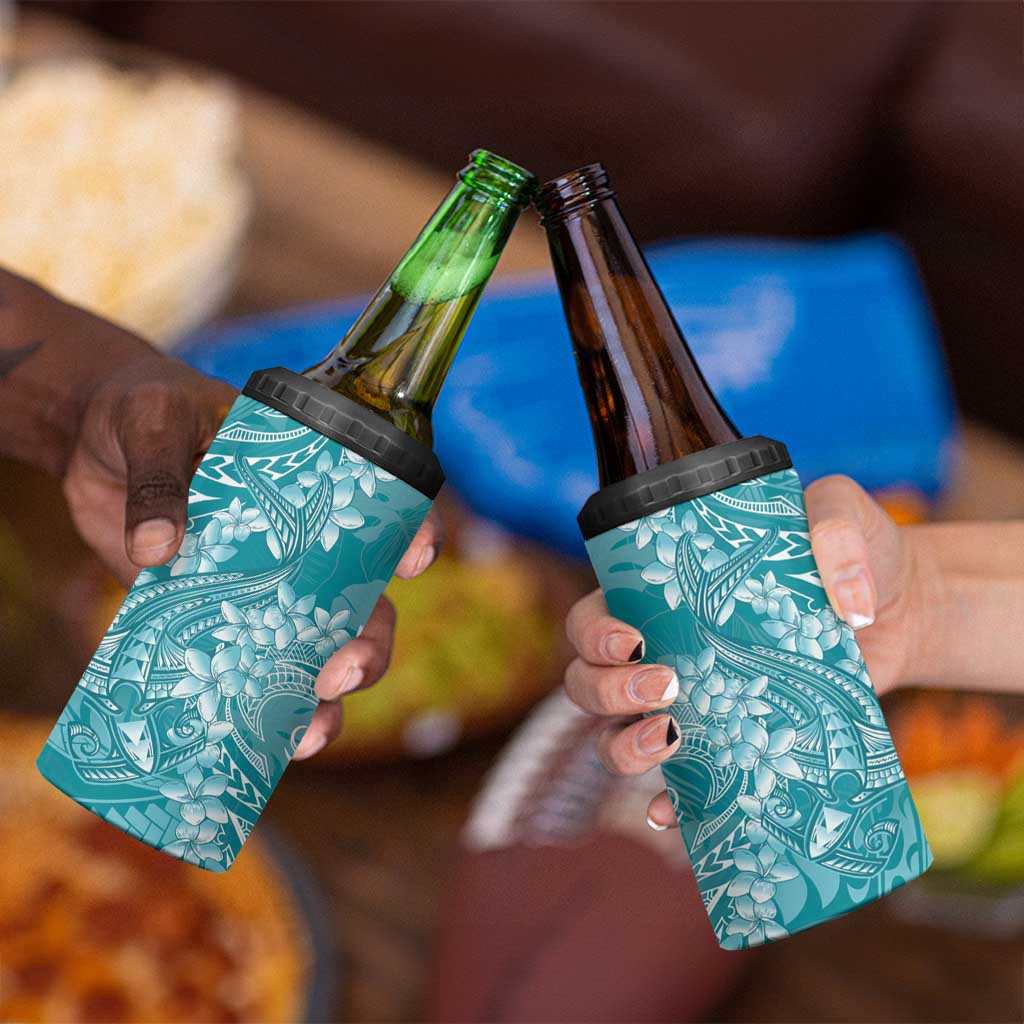 Teal Polynesia Hammerhead Shark Tattoo With Plumeria Lei 4 in 1 Can Cooler Tumbler