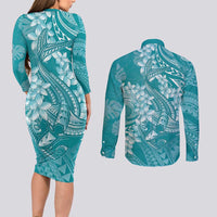 Teal Polynesia Hammerhead Shark Tattoo With Plumeria Lei Couples Matching Long Sleeve Bodycon Dress and Long Sleeve Button Shirt