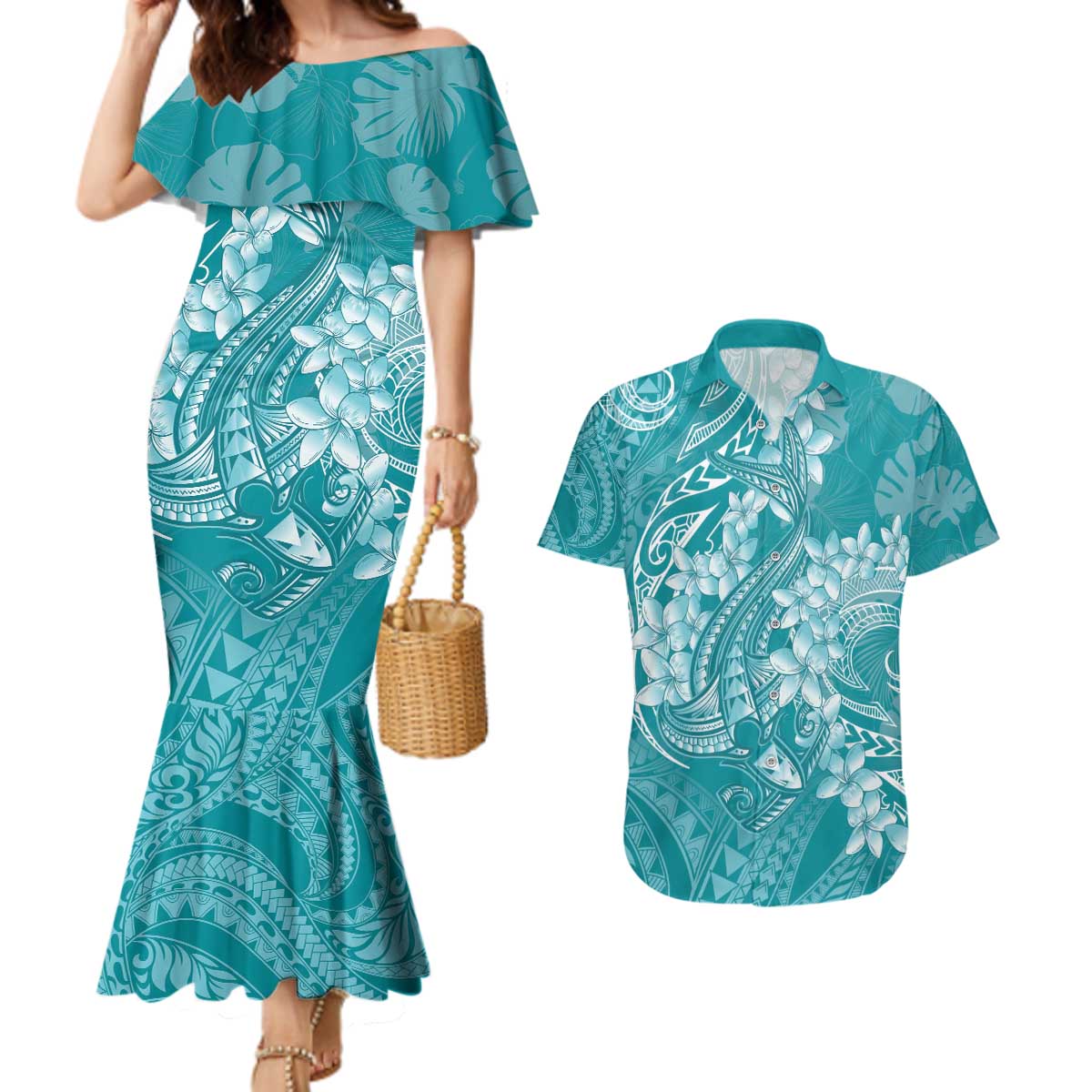 Teal Polynesia Hammerhead Shark Tattoo With Plumeria Lei Couples Matching Mermaid Dress and Hawaiian Shirt