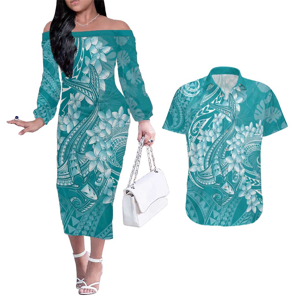 Teal Polynesia Hammerhead Shark Tattoo With Plumeria Lei Couples Matching Off The Shoulder Long Sleeve Dress and Hawaiian Shirt