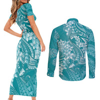 Teal Polynesia Hammerhead Shark Tattoo With Plumeria Lei Couples Matching Short Sleeve Bodycon Dress and Long Sleeve Button Shirt