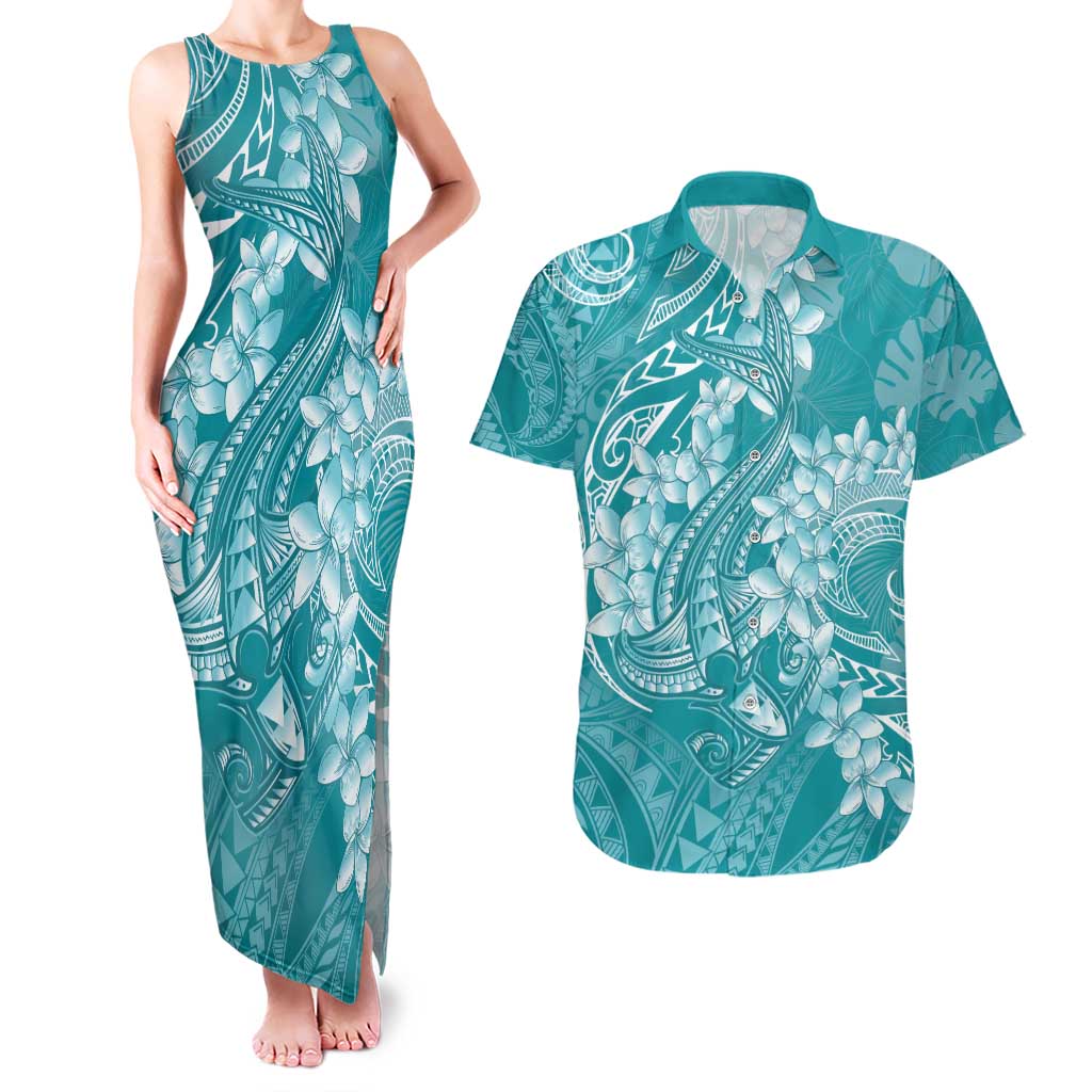 Teal Polynesia Hammerhead Shark Tattoo With Plumeria Lei Couples Matching Tank Maxi Dress and Hawaiian Shirt