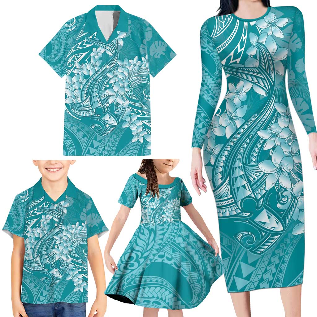 Teal Polynesia Hammerhead Shark Tattoo With Plumeria Lei Family Matching Long Sleeve Bodycon Dress and Hawaiian Shirt LT14 - Polynesian Pride