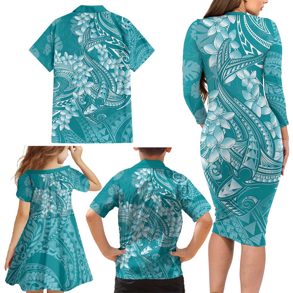 Teal Polynesia Hammerhead Shark Tattoo With Plumeria Lei Family Matching Long Sleeve Bodycon Dress and Hawaiian Shirt LT14 - Polynesian Pride