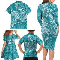 Teal Polynesia Hammerhead Shark Tattoo With Plumeria Lei Family Matching Long Sleeve Bodycon Dress and Hawaiian Shirt LT14 - Polynesian Pride