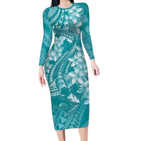 Teal Polynesia Hammerhead Shark Tattoo With Plumeria Lei Family Matching Long Sleeve Bodycon Dress and Hawaiian Shirt LT14 Mom's Dress Teal - Polynesian Pride
