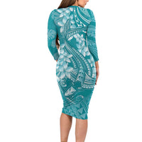 Teal Polynesia Hammerhead Shark Tattoo With Plumeria Lei Family Matching Long Sleeve Bodycon Dress and Hawaiian Shirt LT14 - Polynesian Pride