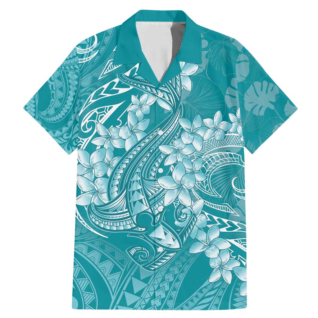 Teal Polynesia Hammerhead Shark Tattoo With Plumeria Lei Family Matching Mermaid Dress and Hawaiian Shirt LT14 Dad's Shirt - Short Sleeve Teal - Polynesian Pride