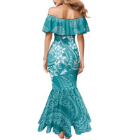 Teal Polynesia Hammerhead Shark Tattoo With Plumeria Lei Family Matching Mermaid Dress and Hawaiian Shirt LT14 - Polynesian Pride