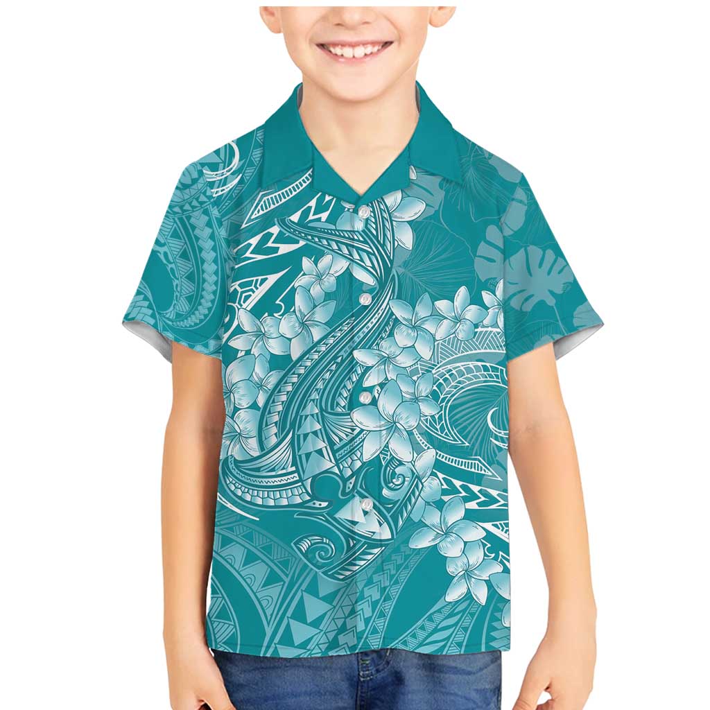 Teal Polynesia Hammerhead Shark Tattoo With Plumeria Lei Family Matching Mermaid Dress and Hawaiian Shirt LT14 Son's Shirt Teal - Polynesian Pride