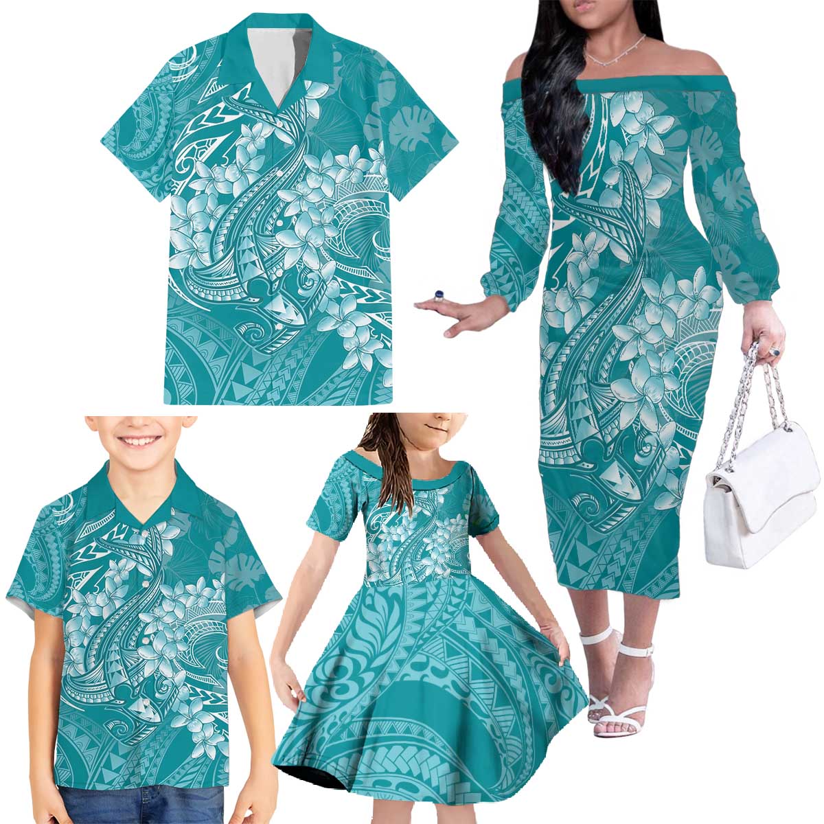 Teal Polynesia Hammerhead Shark Tattoo With Plumeria Lei Family Matching Off The Shoulder Long Sleeve Dress and Hawaiian Shirt LT14 - Polynesian Pride