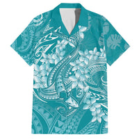 Teal Polynesia Hammerhead Shark Tattoo With Plumeria Lei Family Matching Off The Shoulder Long Sleeve Dress and Hawaiian Shirt LT14 Dad's Shirt - Short Sleeve Teal - Polynesian Pride