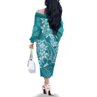 Teal Polynesia Hammerhead Shark Tattoo With Plumeria Lei Family Matching Off The Shoulder Long Sleeve Dress and Hawaiian Shirt LT14 - Polynesian Pride