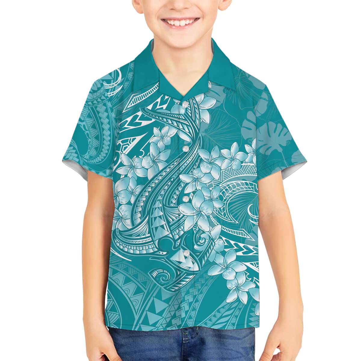 Teal Polynesia Hammerhead Shark Tattoo With Plumeria Lei Family Matching Off The Shoulder Long Sleeve Dress and Hawaiian Shirt LT14 Son's Shirt Teal - Polynesian Pride