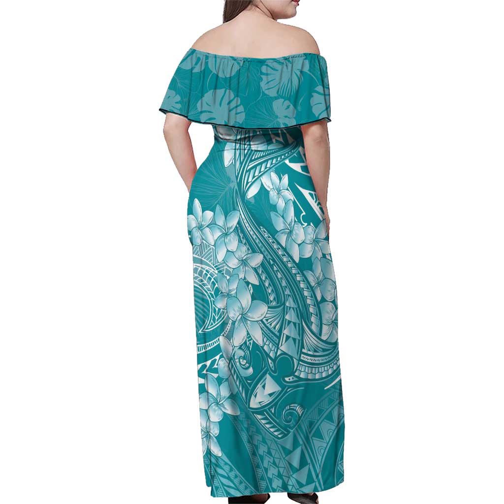 Teal Polynesia Hammerhead Shark Tattoo With Plumeria Lei Family Matching Off Shoulder Maxi Dress and Hawaiian Shirt LT14 - Polynesian Pride