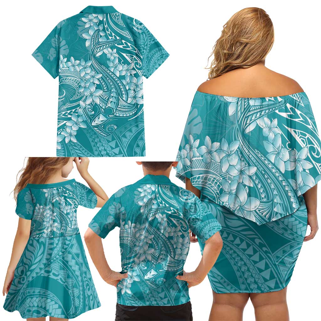 Teal Polynesia Hammerhead Shark Tattoo With Plumeria Lei Family Matching Off Shoulder Short Dress and Hawaiian Shirt LT14 - Polynesian Pride