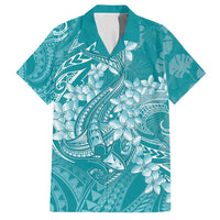 Teal Polynesia Hammerhead Shark Tattoo With Plumeria Lei Family Matching Off Shoulder Short Dress and Hawaiian Shirt LT14 Dad's Shirt - Short Sleeve Teal - Polynesian Pride