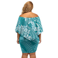 Teal Polynesia Hammerhead Shark Tattoo With Plumeria Lei Family Matching Off Shoulder Short Dress and Hawaiian Shirt LT14 - Polynesian Pride