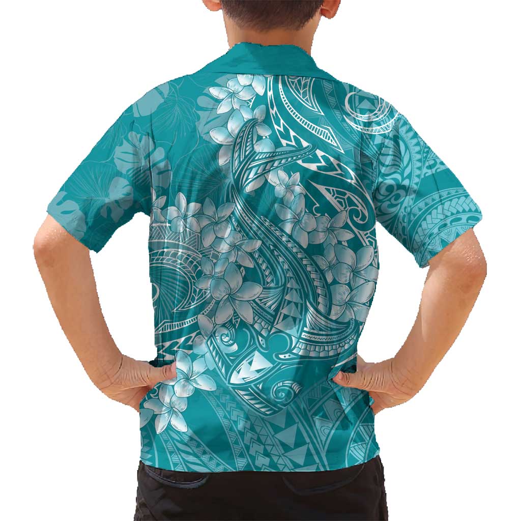 Teal Polynesia Hammerhead Shark Tattoo With Plumeria Lei Family Matching Puletasi and Hawaiian Shirt