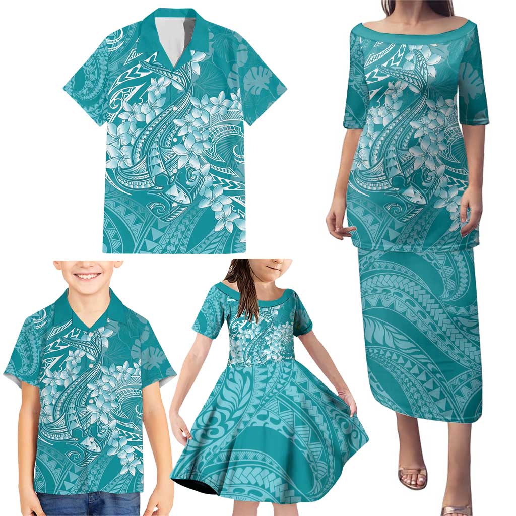 Teal Polynesia Hammerhead Shark Tattoo With Plumeria Lei Family Matching Puletasi and Hawaiian Shirt
