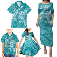 Teal Polynesia Hammerhead Shark Tattoo With Plumeria Lei Family Matching Puletasi and Hawaiian Shirt