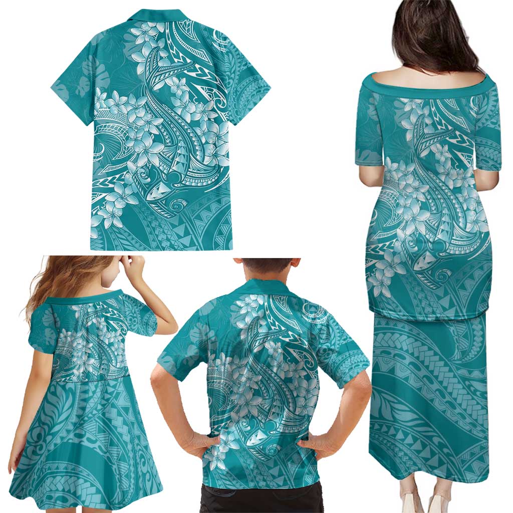 Teal Polynesia Hammerhead Shark Tattoo With Plumeria Lei Family Matching Puletasi and Hawaiian Shirt