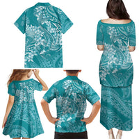 Teal Polynesia Hammerhead Shark Tattoo With Plumeria Lei Family Matching Puletasi and Hawaiian Shirt