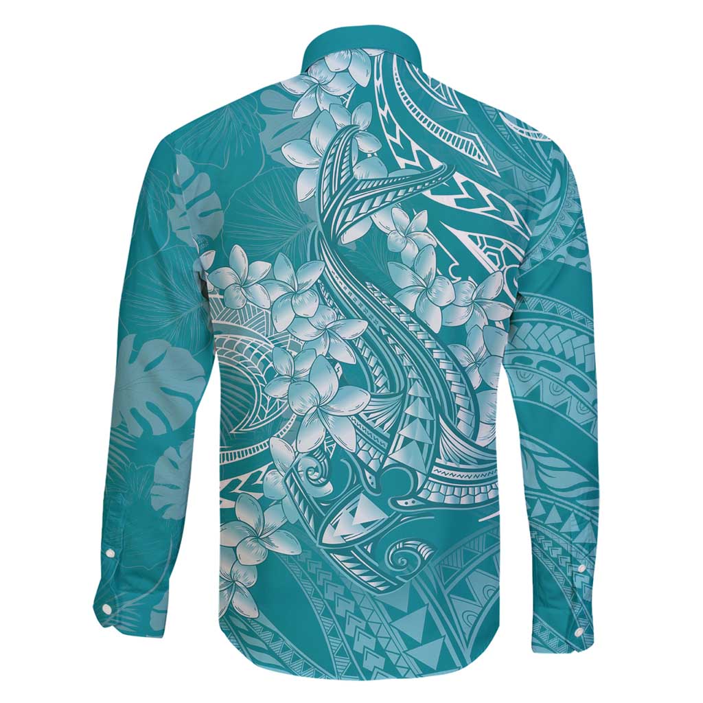 Teal Polynesia Hammerhead Shark Tattoo With Plumeria Lei Family Matching Puletasi and Hawaiian Shirt