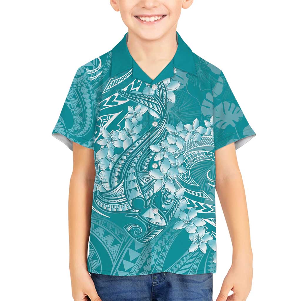 Teal Polynesia Hammerhead Shark Tattoo With Plumeria Lei Family Matching Puletasi and Hawaiian Shirt