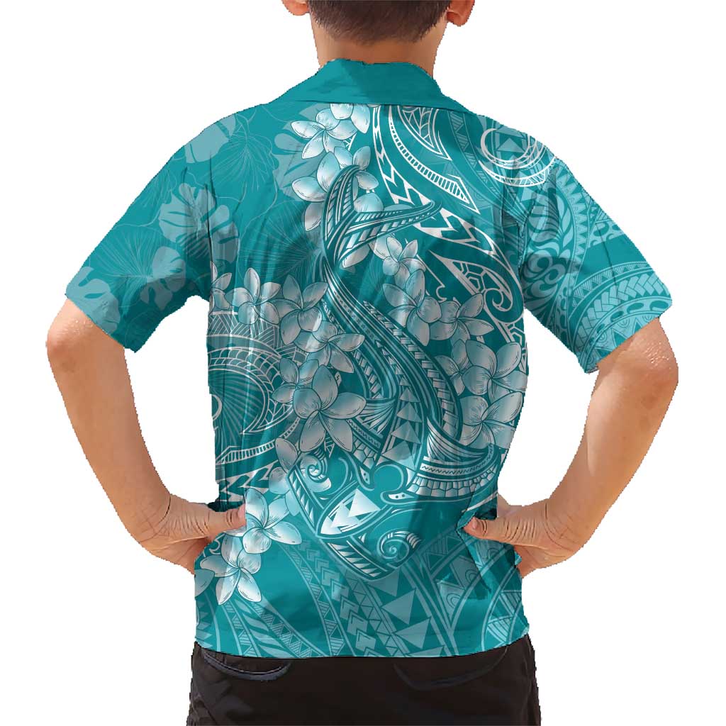 Teal Polynesia Hammerhead Shark Tattoo With Plumeria Lei Family Matching Short Sleeve Bodycon Dress and Hawaiian Shirt LT14 - Polynesian Pride