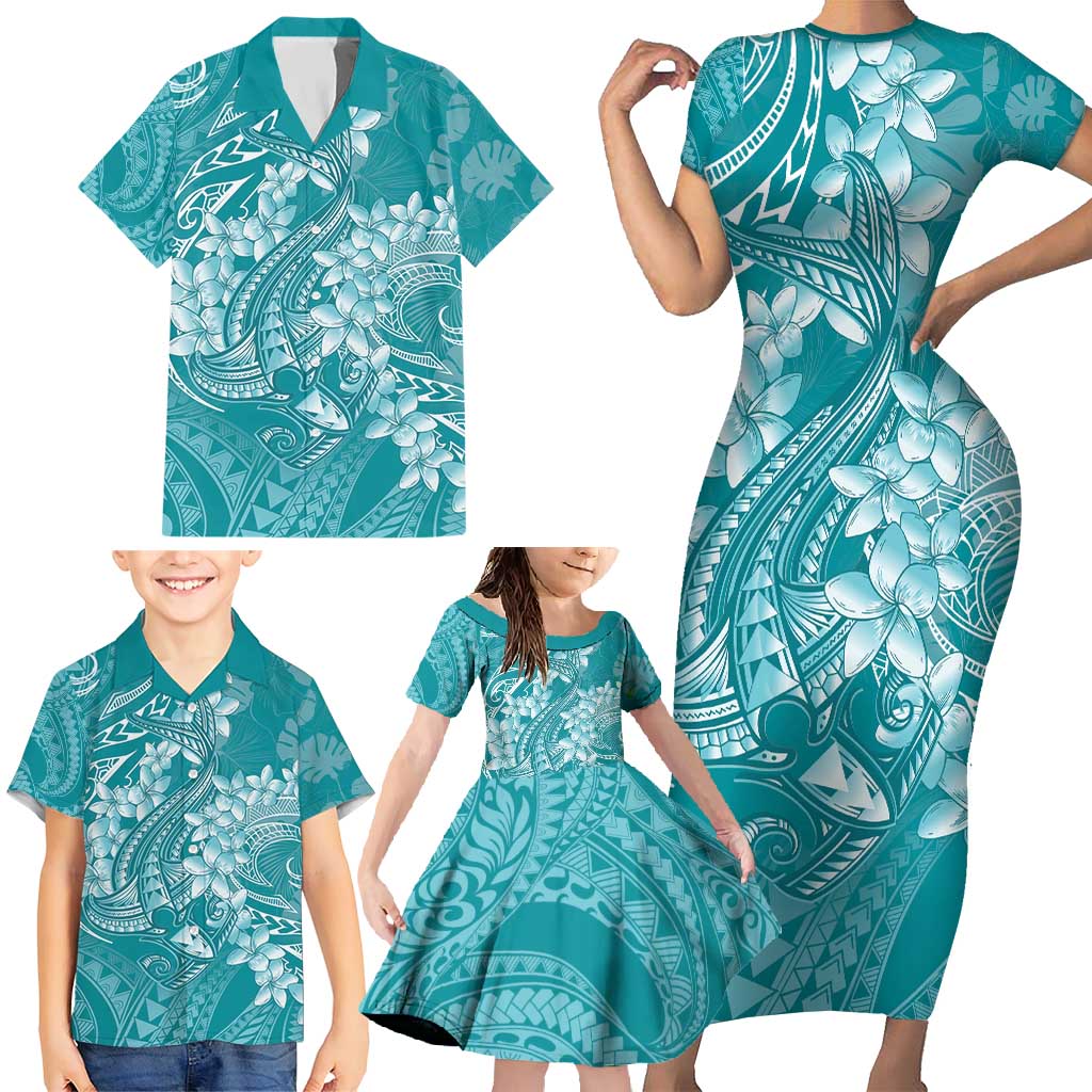 Teal Polynesia Hammerhead Shark Tattoo With Plumeria Lei Family Matching Short Sleeve Bodycon Dress and Hawaiian Shirt LT14 - Polynesian Pride
