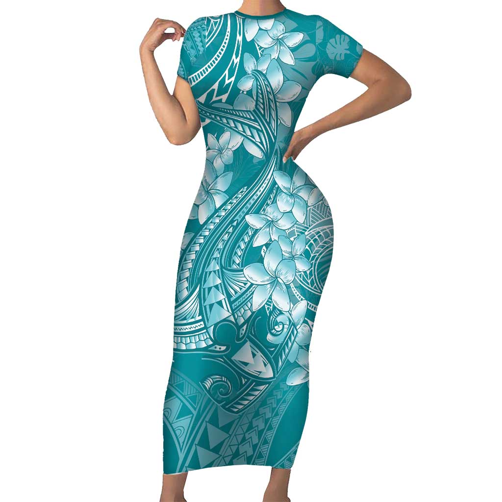 Teal Polynesia Hammerhead Shark Tattoo With Plumeria Lei Family Matching Short Sleeve Bodycon Dress and Hawaiian Shirt LT14 Mom's Dress Teal - Polynesian Pride
