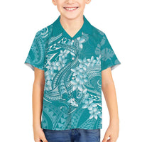 Teal Polynesia Hammerhead Shark Tattoo With Plumeria Lei Family Matching Short Sleeve Bodycon Dress and Hawaiian Shirt LT14 Son's Shirt Teal - Polynesian Pride