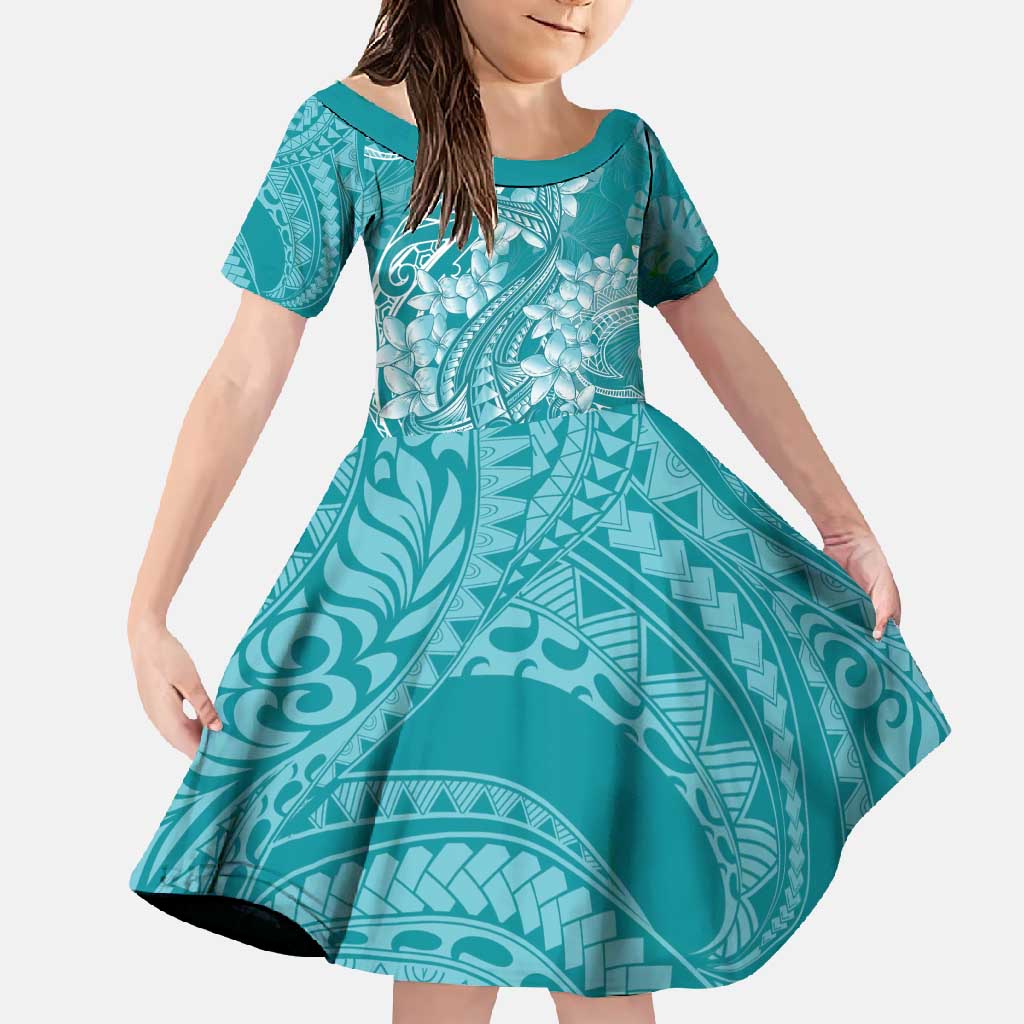 Teal Polynesia Hammerhead Shark Tattoo With Plumeria Lei Family Matching Summer Maxi Dress and Hawaiian Shirt LT14 Daughter's Dress Teal - Polynesian Pride