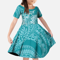 Teal Polynesia Hammerhead Shark Tattoo With Plumeria Lei Family Matching Summer Maxi Dress and Hawaiian Shirt LT14 Daughter's Dress Teal - Polynesian Pride