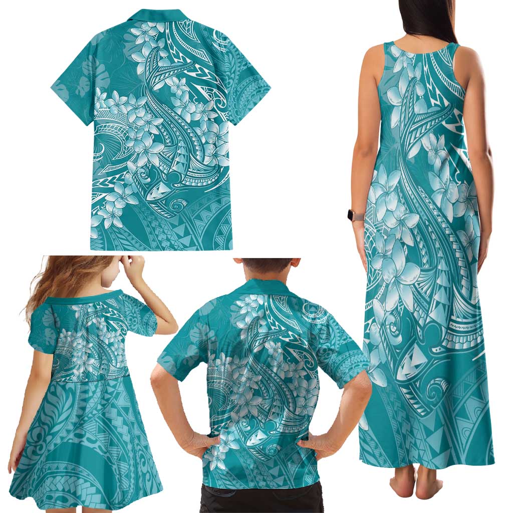 Teal Polynesia Hammerhead Shark Tattoo With Plumeria Lei Family Matching Tank Maxi Dress and Hawaiian Shirt LT14 - Polynesian Pride