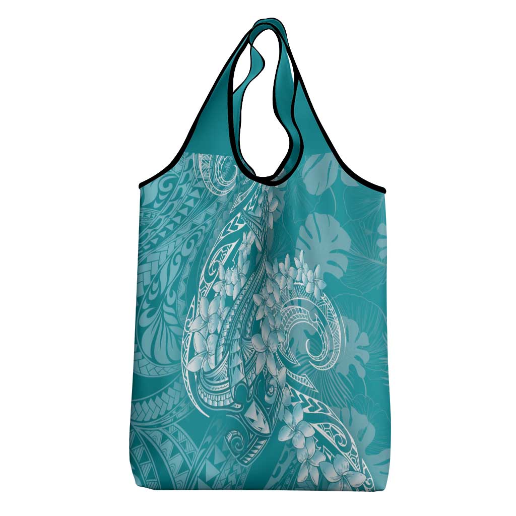 Teal Polynesia Hammerhead Shark Tattoo With Plumeria Lei Grocery Bag