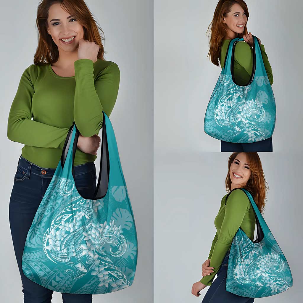 Teal Polynesia Hammerhead Shark Tattoo With Plumeria Lei Grocery Bag