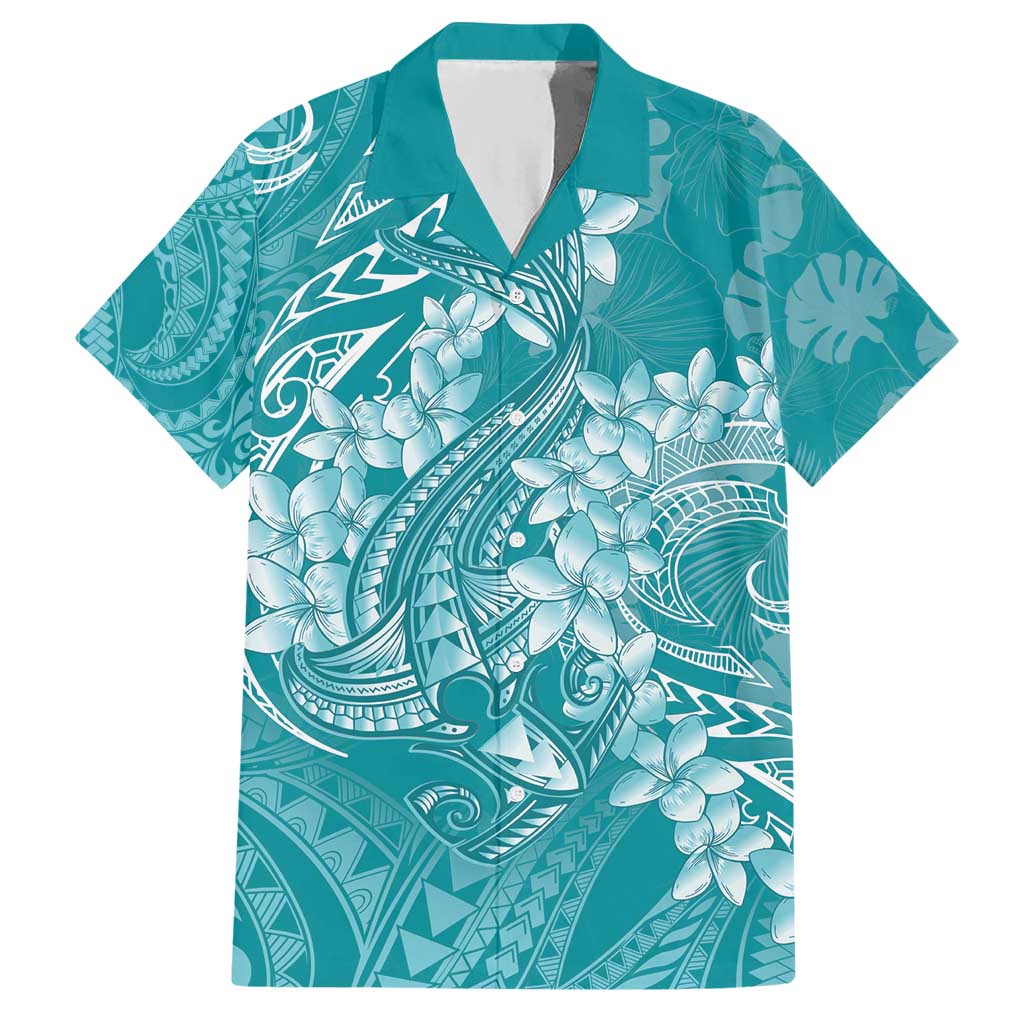 Teal Polynesia Hammerhead Shark Tattoo With Plumeria Lei Hawaiian Shirt