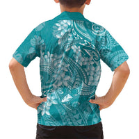 Teal Polynesia Hammerhead Shark Tattoo With Plumeria Lei Hawaiian Shirt