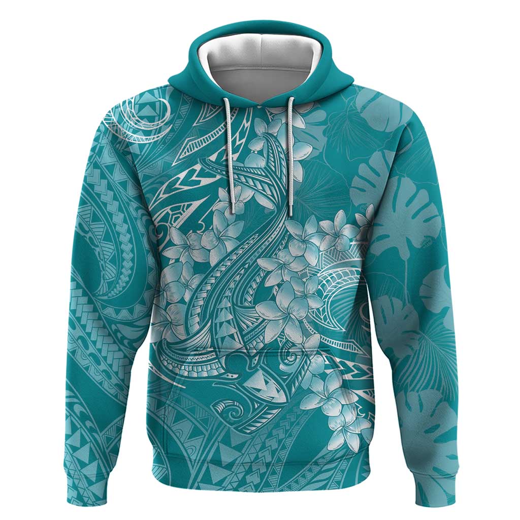 Teal Polynesia Hammerhead Shark Tattoo With Plumeria Lei Hoodie