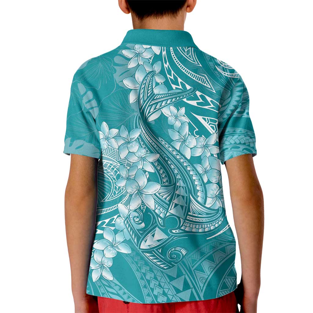 Teal Polynesia Hammerhead Shark Tattoo With Plumeria Lei Kid Polo Shirt