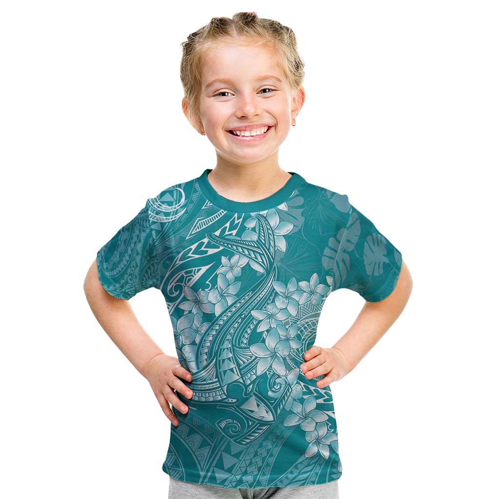 Teal Polynesia Hammerhead Shark Tattoo With Plumeria Lei Kid T Shirt
