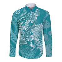 Teal Polynesia Hammerhead Shark Tattoo With Plumeria Lei Long Sleeve Button Shirt