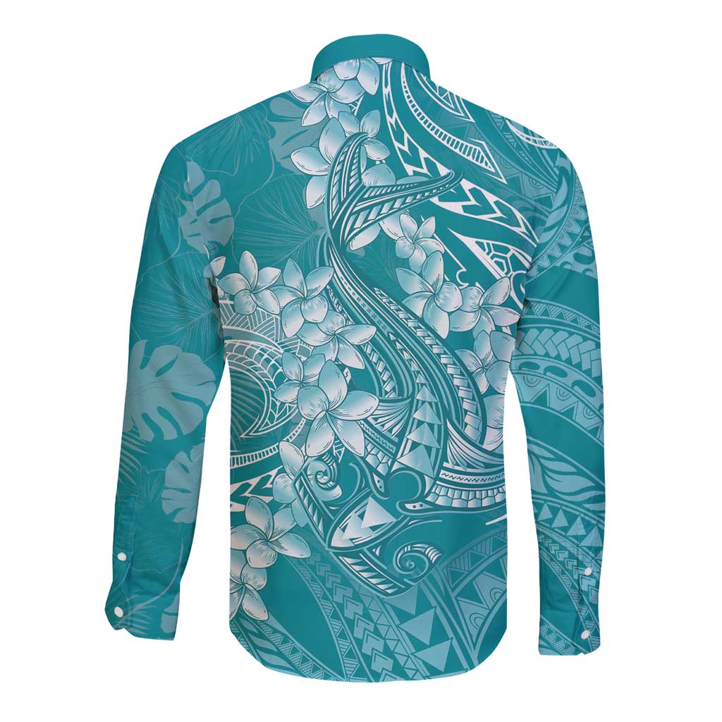 Teal Polynesia Hammerhead Shark Tattoo With Plumeria Lei Long Sleeve Button Shirt
