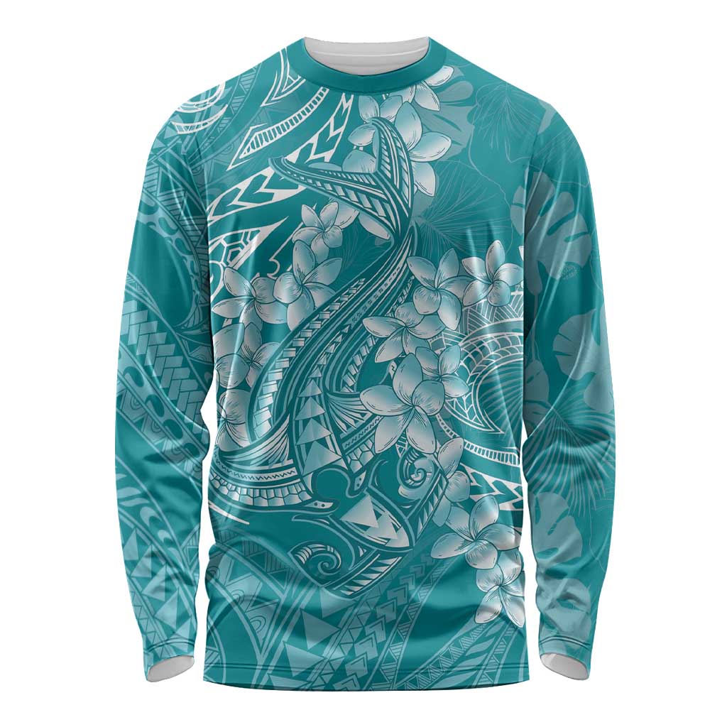 Teal Polynesia Hammerhead Shark Tattoo With Plumeria Lei Long Sleeve Shirt