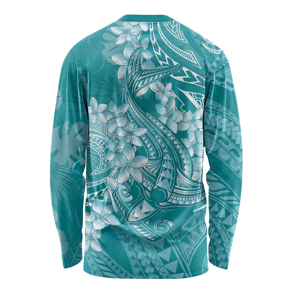 Teal Polynesia Hammerhead Shark Tattoo With Plumeria Lei Long Sleeve Shirt