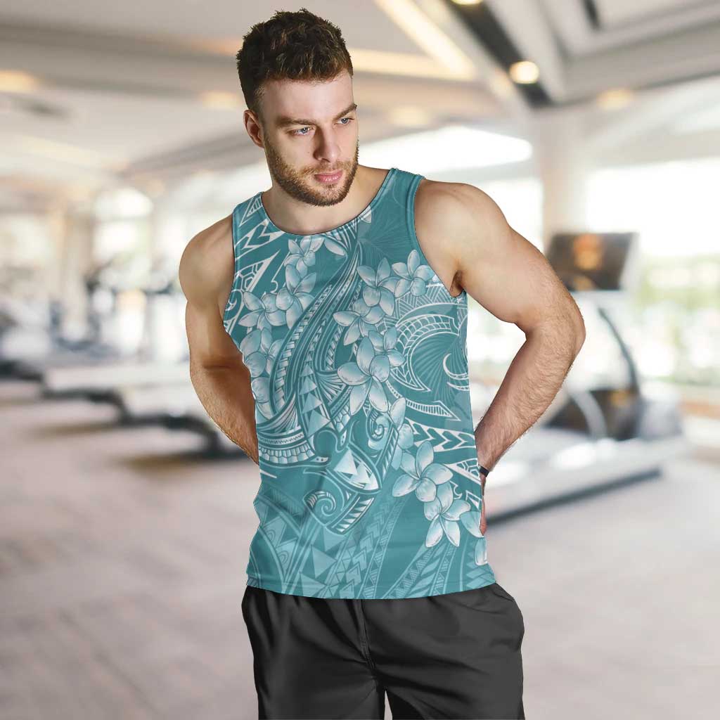 Teal Polynesia Hammerhead Shark Tattoo With Plumeria Lei Men Tank Top