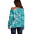 Teal Polynesia Hammerhead Shark Tattoo With Plumeria Lei Off Shoulder Sweater