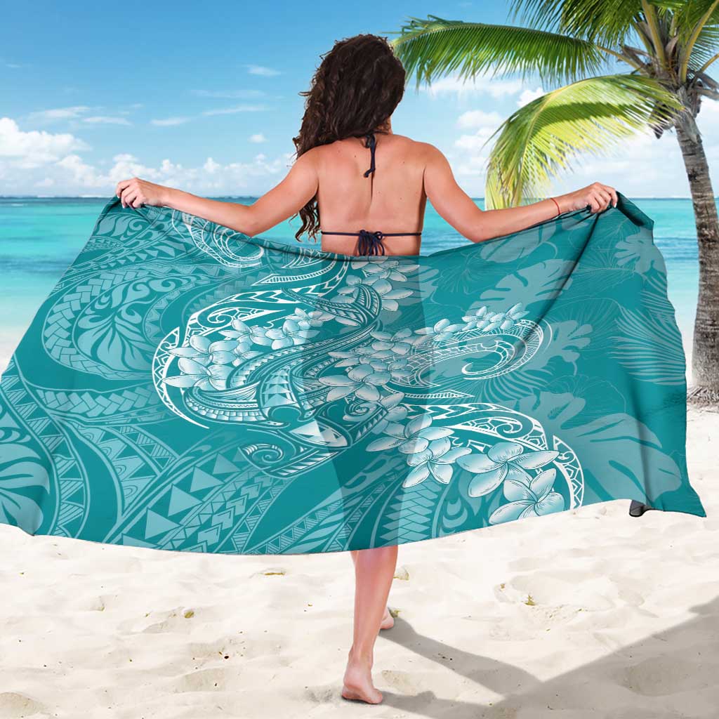 Teal Polynesia Hammerhead Shark Tattoo With Plumeria Lei Sarong